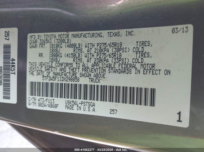 2013 TOYOTA TUNDRA VIN: 5TFDW5F11DX298858