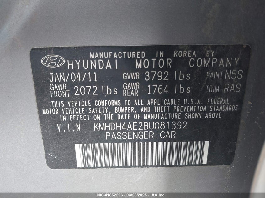 2011 HYUNDAI ELANTRA VIN: KMHDH4AE2BU081392