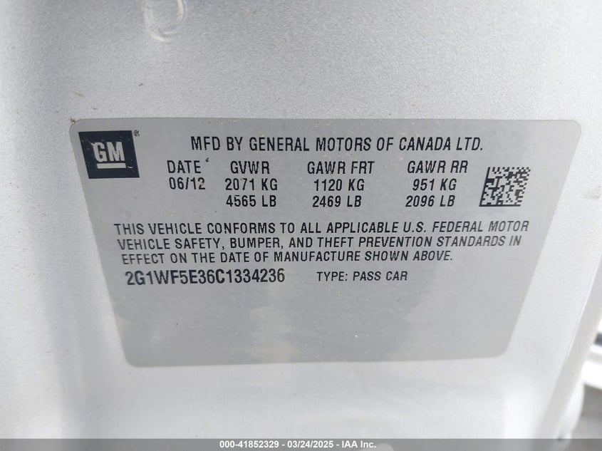 2012 CHEVROLET IMPALA VIN: 2G1WF5E36C1334236