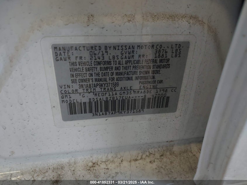 2019 NISSAN SENTRA VIN: 3N1AB7AP9KY371589
