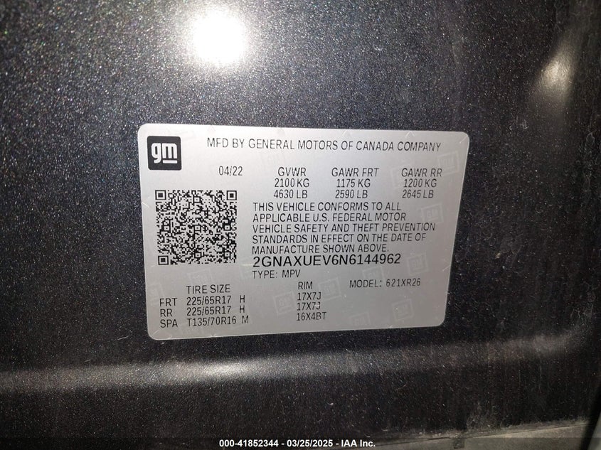 2022 CHEVROLET EQUINOX VIN: 2GNAXUEV6N6144962