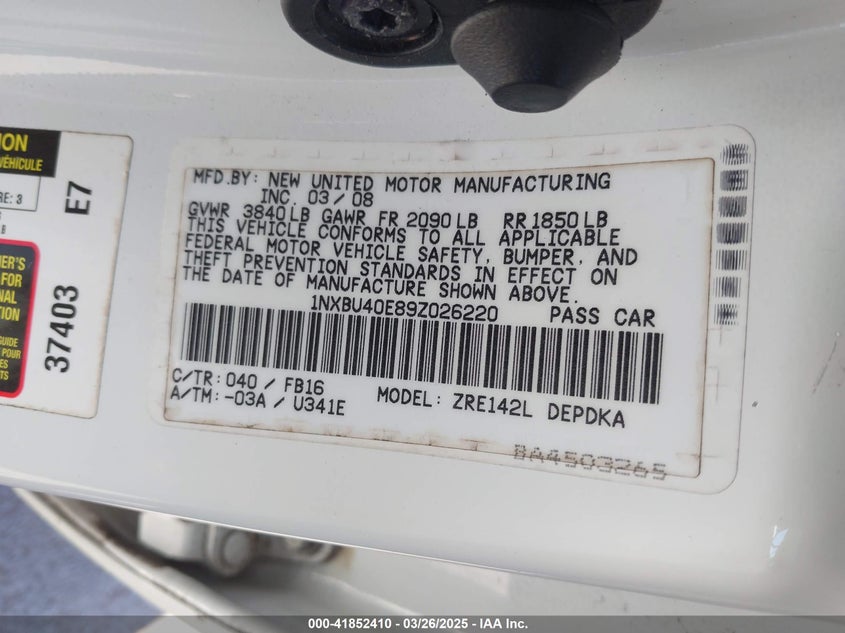 2009 TOYOTA COROLLA VIN: 1NXBU40E89Z026220
