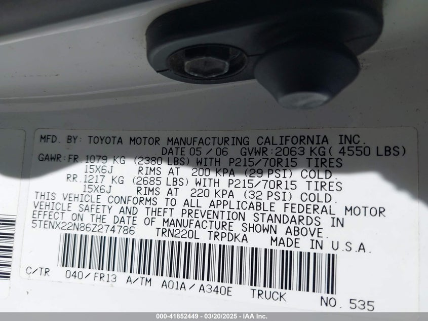 2006 TOYOTA TACOMA VIN: 5TENX22N86Z274786