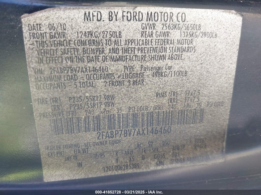 2010 FORD CROWN VICTORIA VIN: 2FABP7BV7AX146460