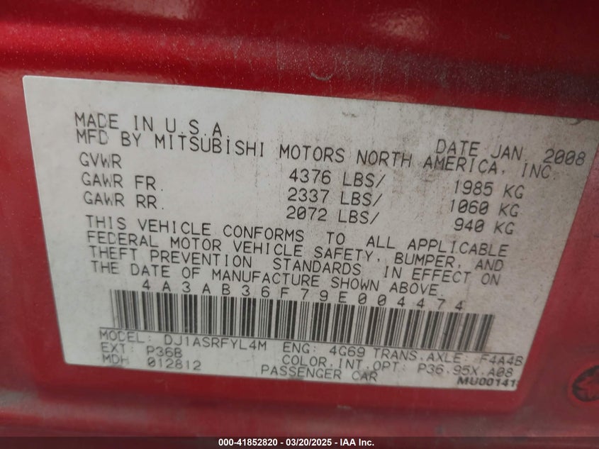 2009 MITSUBISHI GALANT VIN: 4A3AB36F79E004474