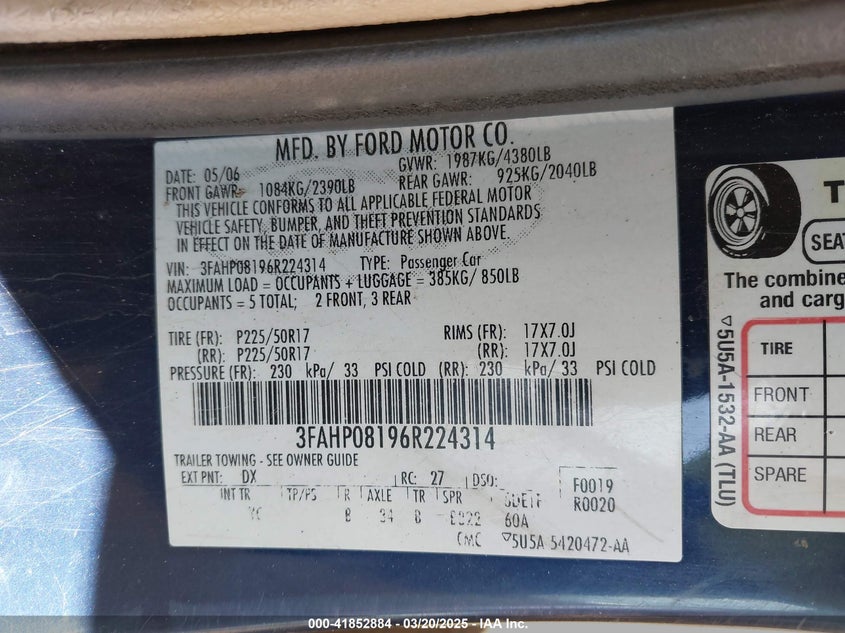2006 FORD FUSION VIN: 3FAHP08196R224314
