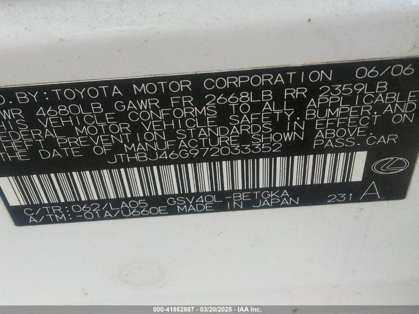 2007 Lexus Es 350 VIN: JTHBJ46G972033352 Lot: 41852887