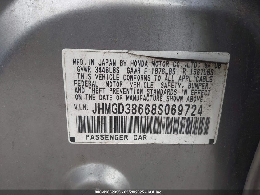 2008 HONDA FIT VIN: JHMGD38668S069724