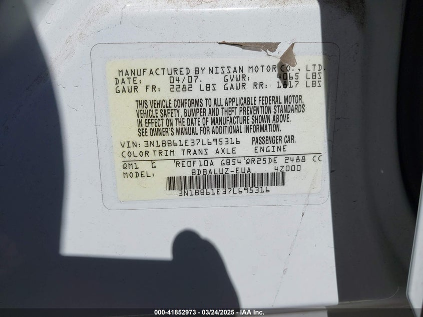 2007 NISSAN SENTRA VIN: 3N1BB61E37L695316