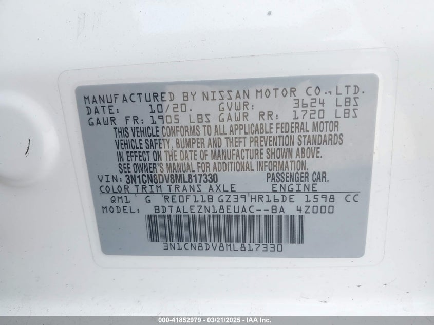 2021 NISSAN VERSA VIN: 3N1CN8DV8ML817330