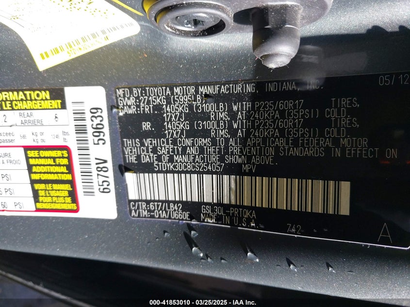 2012 TOYOTA SIENNA VIN: 5TDYK3DC8CS254057