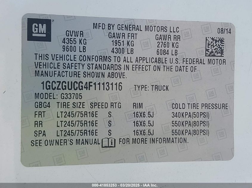 2015 Chevrolet Express 3500 Work Van VIN: 1GCZGUCG4F1113116 Lot: 41853253