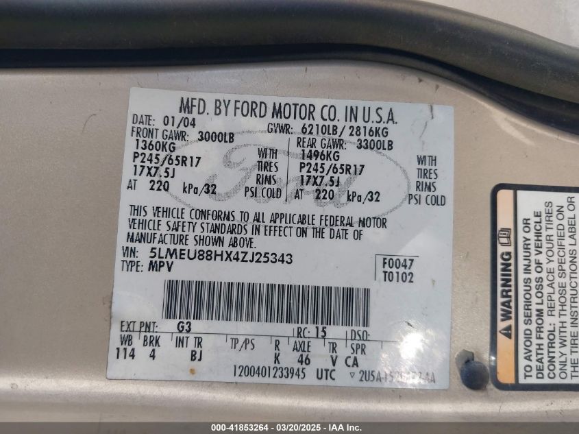 2004 Lincoln Aviator VIN: 5LMEU88HX4ZJ25343 Lot: 41853264