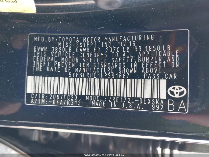 2017 Toyota Corolla Se VIN: 5YFBURHE1HP591667 Lot: 41853303