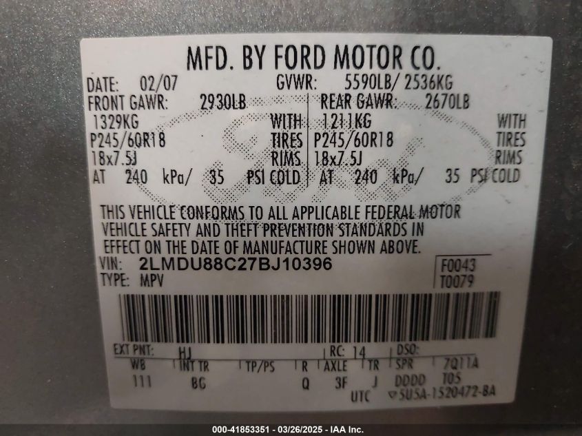 2007 Lincoln Mkx VIN: 2LMDU88C27BJ10396 Lot: 41853351