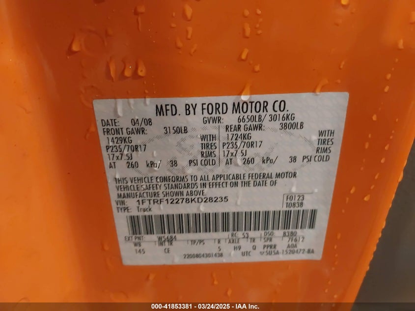 2008 FORD F150 VIN: 1FTRF12278KD28235