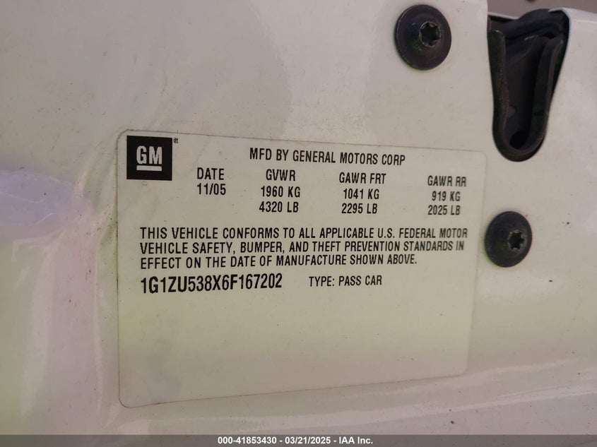 2006 CHEVROLET MALIBU VIN: 1G1ZU538X6F167202