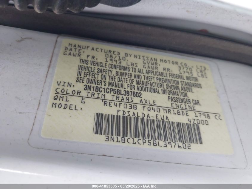 2011 Nissan Versa 1.8S VIN: 3N1BC1CP5BL397602 Lot: 41853505