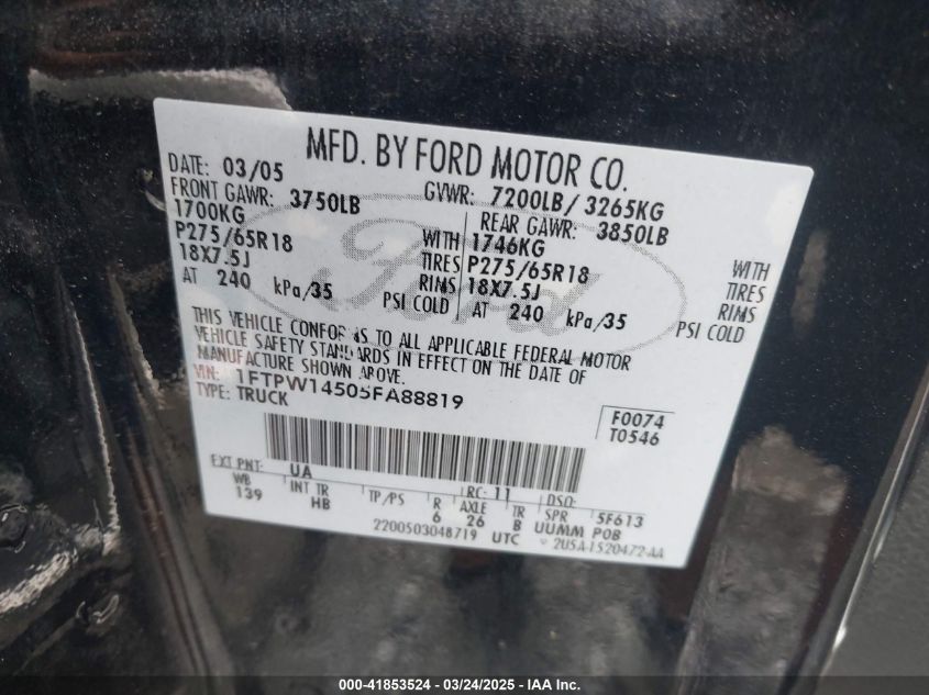 2005 Ford F-150 Fx4/Lariat/Xlt VIN: 1FTPW14505FABB819 Lot: 41853524