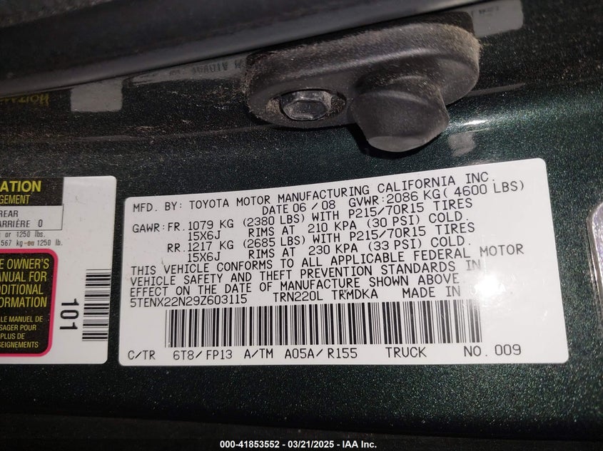 2009 TOYOTA TACOMA VIN: 5TENX22N29Z603115