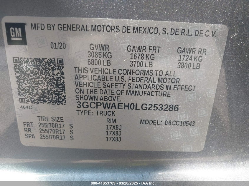 2020 CHEVROLET SILVERADO 1500 VIN: 3GCPWAEH0LG253286