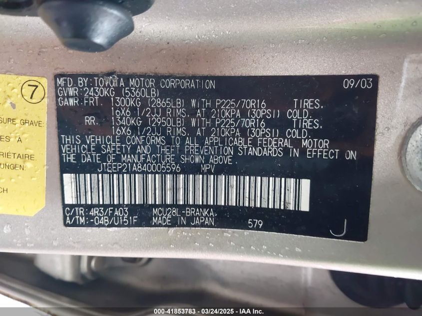 2004 Toyota Highlander V6 VIN: JTEEP21A840005596 Lot: 41853783