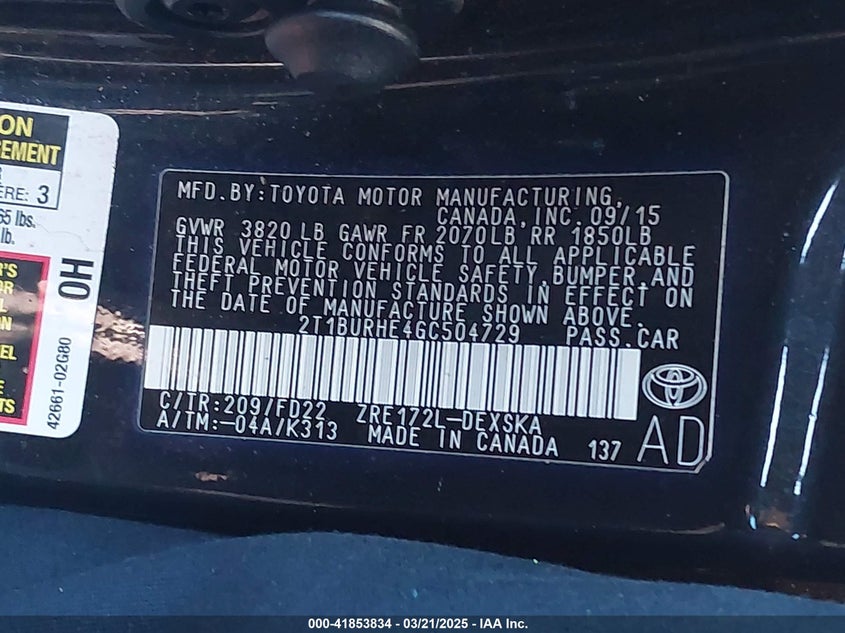 2016 TOYOTA COROLLA VIN: 2T1BURHE4GC504729