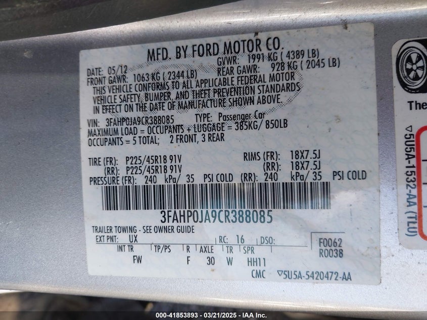 2012 FORD FUSION VIN: 3FAHP0JA9CR388085