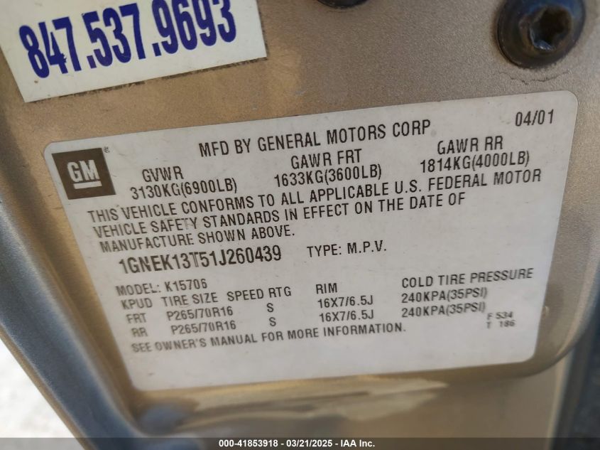 2001 Chevrolet Tahoe Ls VIN: 1GNEK13T51J260439 Lot: 41853918