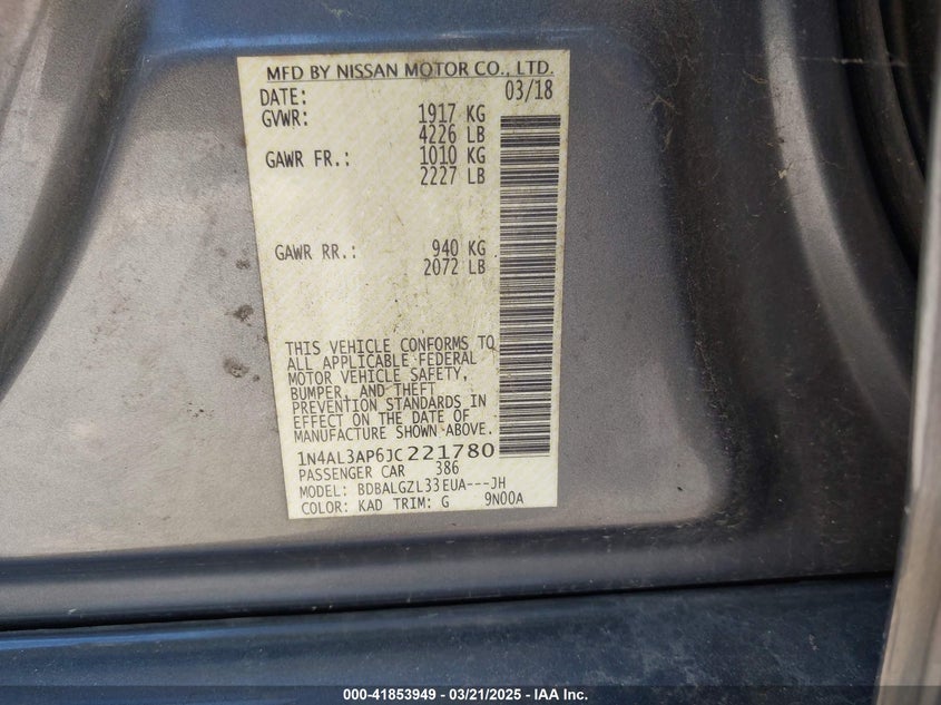 2018 NISSAN ALTIMA VIN: 1N4AL3AP6JC221780