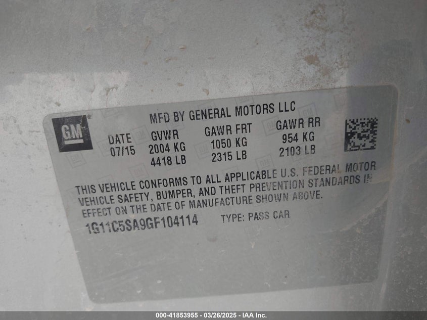 2016 CHEVROLET MALIBU LIMITED VIN: 1G11C5SA9GF104114