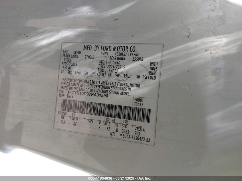 2007 Ford Ranger Stx/Xl/Xlt VIN: 1FTYR10D97PA31590 Lot: 41854036