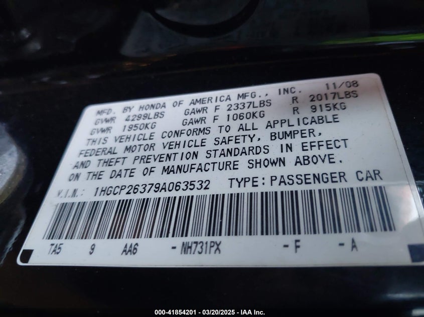 2009 HONDA ACCORD VIN: 1HGCP26379A063532