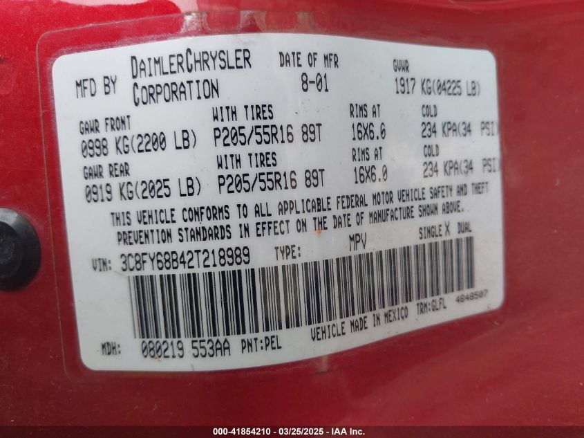 2002 Chrysler Pt Cruiser Limited VIN: 3C8FY68B42T218989 Lot: 41854210