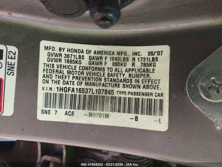 2007 HONDA CIVIC VIN: 1HGFA16537L107845