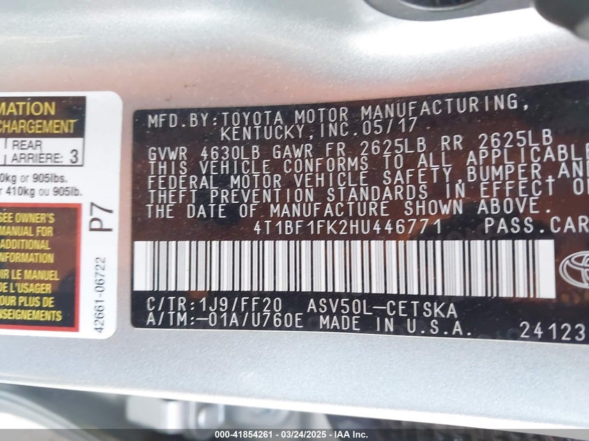 2017 TOYOTA CAMRY VIN: 4T1BF1FK2HU446771