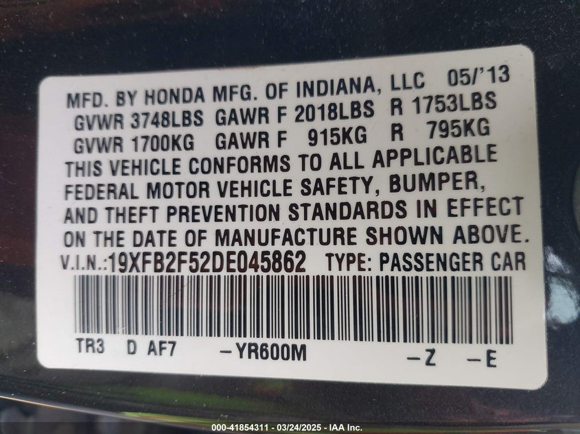 2013 HONDA CIVIC VIN: 19XFB2F52DE045862