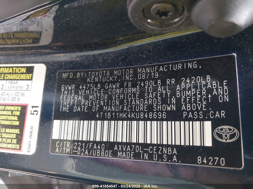 2019 TOYOTA CAMRY LE - 4T1B11HK4KU848696