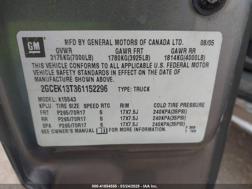 2006 CHEVROLET SILVERADO 1500 VIN: 2GCEK13T361152296