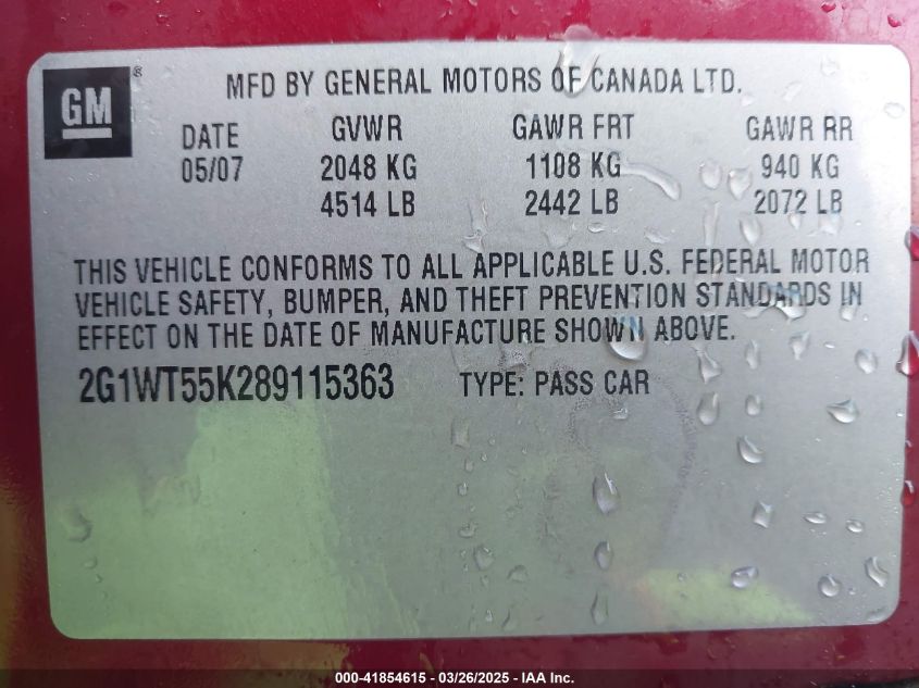 2008 Chevrolet Impala Lt VIN: 2G1WT55K289115363 Lot: 41854615