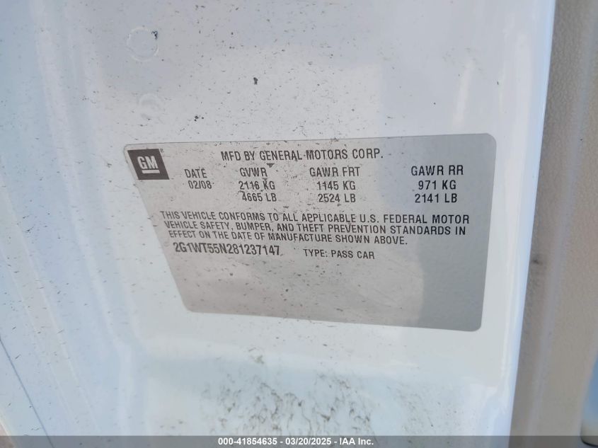 2008 Chevrolet Impala Lt VIN: 2G1WT55N281237147 Lot: 41854635