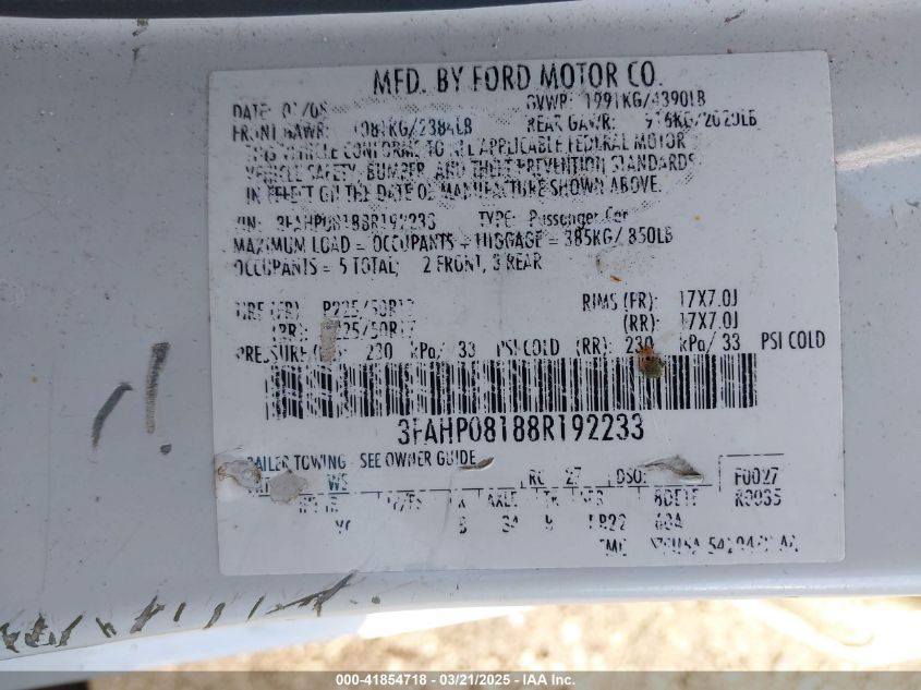 2008 Ford Fusion Sel VIN: 3FAHP08188R192233 Lot: 41854718