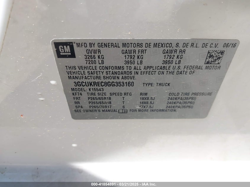 2016 CHEVROLET SILVERADO 1500 VIN: 3GCUKREC8GG353160