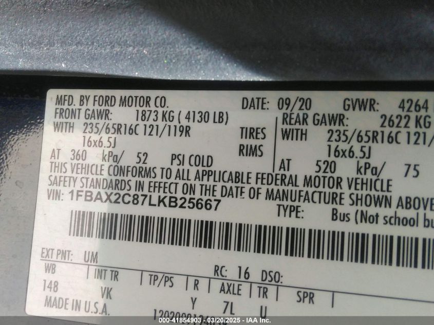 2020 Ford Transit-350 Passenger Van Xl VIN: 1FBAX2C87LKB25667 Lot: 41854903