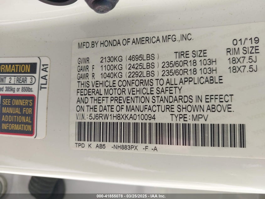 2019 HONDA CR-V EX-L - 5J6RW1H8XKA010094