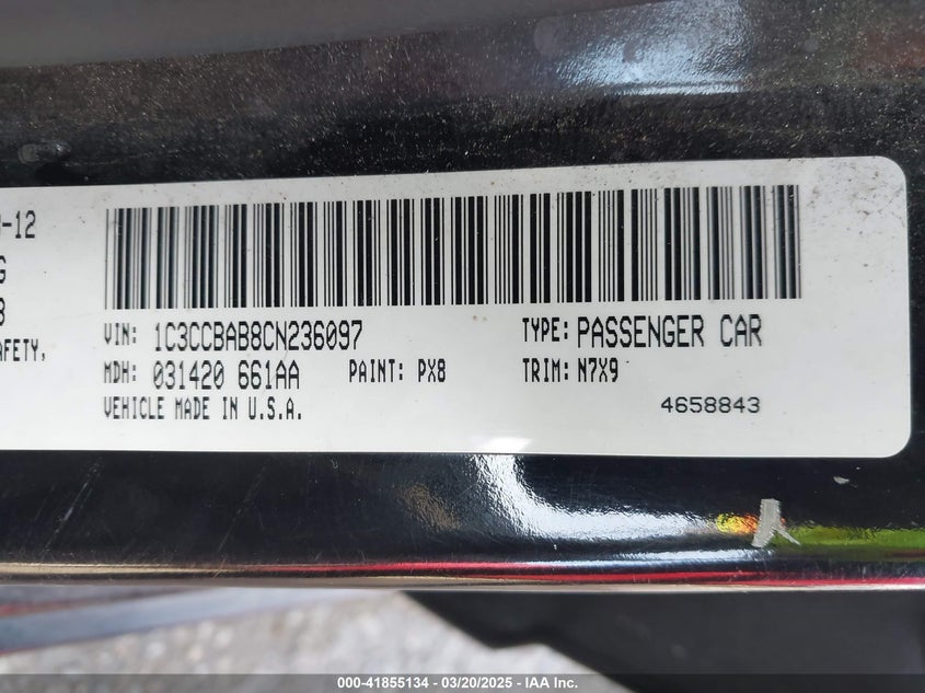 2012 CHRYSLER 200 VIN: 1C3CCBAB8CN236097