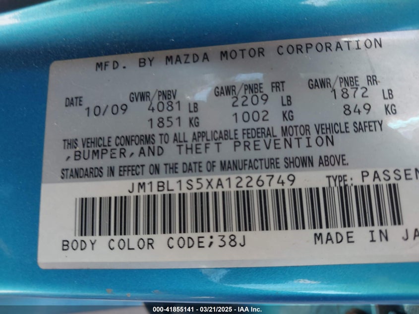 2010 MAZDA 3 VIN: JM1BL1S5XA1226749