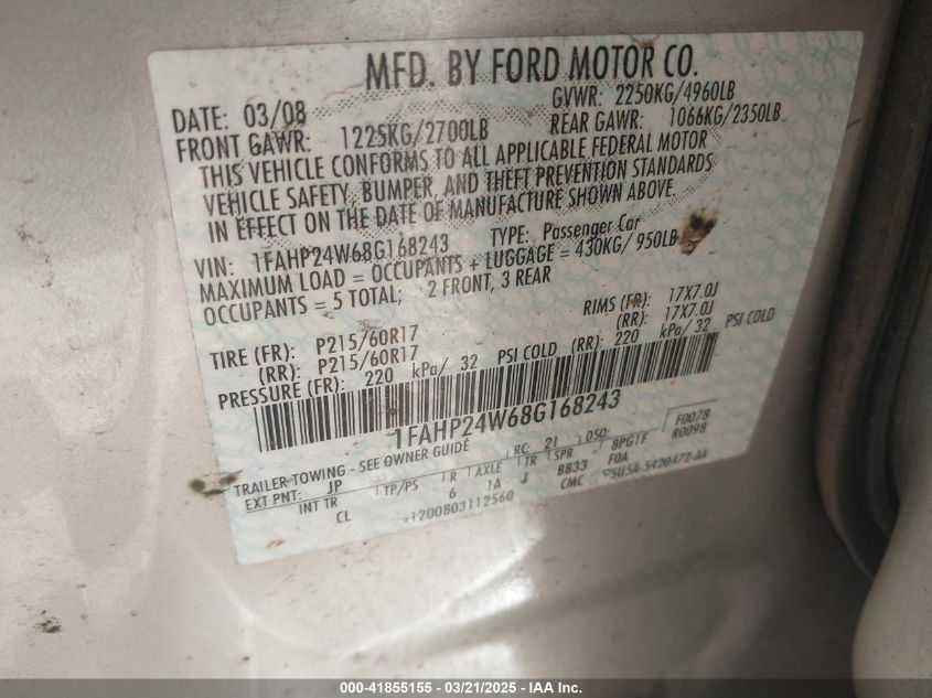 2008 Ford Taurus Sel VIN: 1FAHP24W68G168243 Lot: 41855155