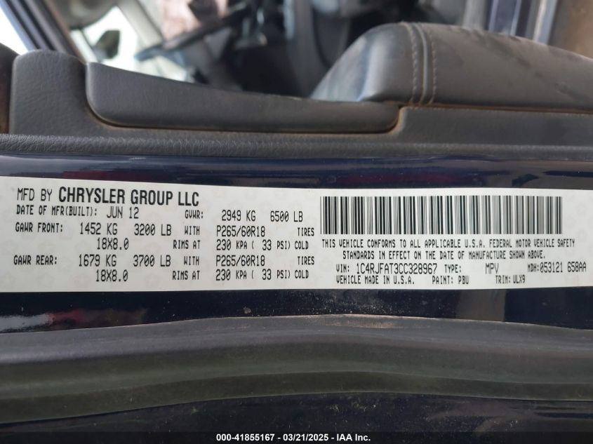 2012 Jeep Grand Cherokee Laredo VIN: 1C4RJFAT3CC328967 Lot: 41855167