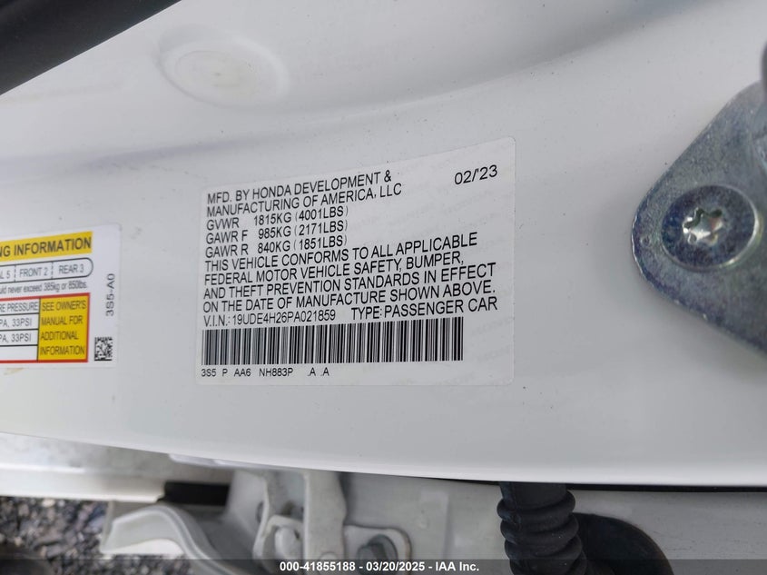 2023 ACURA INTEGRA 1.5L I-4 DI, DOHC, V(VIN: 19UDE4H26PA021859